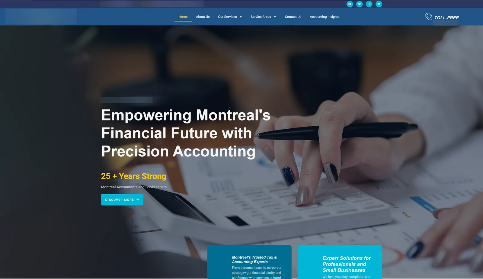 Home page of an accounting firm website we built, with the firm name, logo and contact details blurred