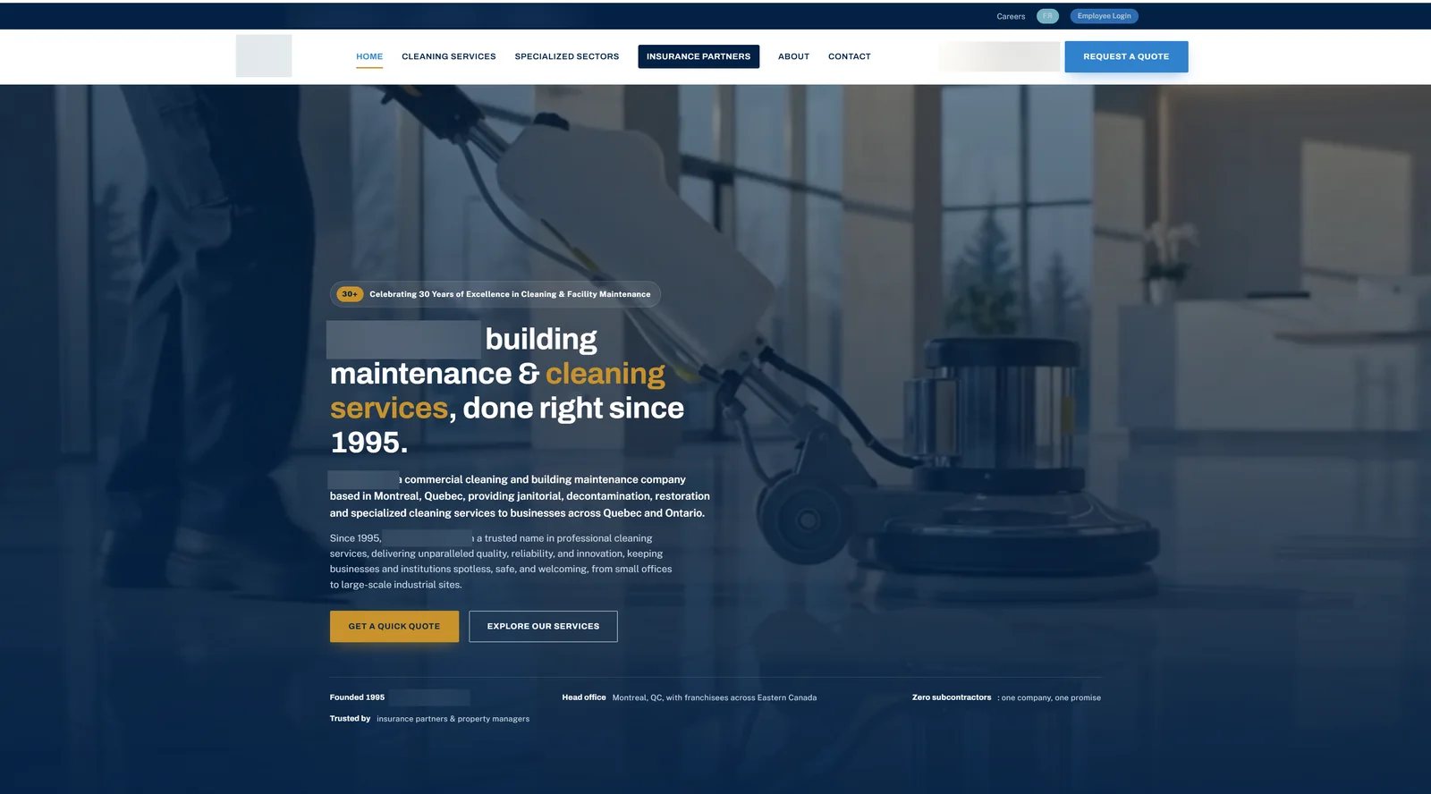 Home page of a facility services company website we built, with the company name, logo and contact details blurred
